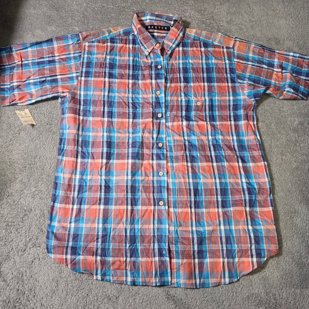Baxter‎ Mens L Short Sleeve Button Down Shirt Blue Orange Plaid Cotton Casual